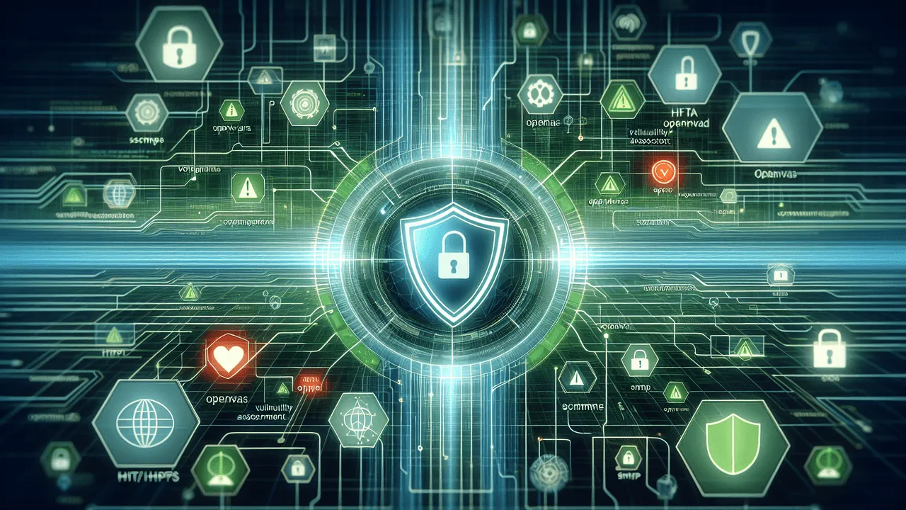 A high-tech cybersecurity image to announce a major upgrade of OpenVAS. The backdrop is a complex digital network with pathways and nodes, colored in hues of blue and green. The central element in the foreground is the textless OpenVAS logo, subtly larger and glowing. It is surrounded by graphics representing vulnerability assessment tools like shields, padlocks, warning icons, and network nodes. Logos of HTTP/HTTPS to the left, FTP to the right, SSH below, and SMTP above hover around the OpenVAS logo without any text, adding to the complexity of the image. Layered on top of this are soft green digital matrix-like lines of code, creating additional depth and highlighting the theme of programming. All these elements combine to create a clean, modern flat design with slight gradients and shadows for depth, signifying OpenVAS's advanced features and capabilities.