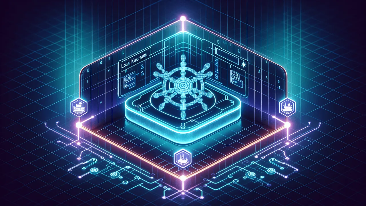 Create a futuristic and high-tech image for a presentation about 'Local Kubernetes For Dummies'. The background should represent a holographic-style grid subtly glowing in shades of blue and purple, giving a sense of depth and modern technology. In the center, slightly elevated, render an icon of a stylized ship's wheel in a glowing neon-blue hue, symbolizing Kubernetes. Attached at the bottom left to this icon using glowing path lines, design an icon of a whale with containers on it in a contrasting glowing green hue, to represent Docker. Similarly, on the right side of Kubernetes icon, linked via glowing lines, place an icon signifying Helm in glowing orange hue. Throughout the grid background, place small abstract tech icons (nodes, containers, etc.). Overlay the background with a gentle layer of binary code or circuit patterns. Ensure to use subtle gradients and light flares around the icons to make them stand out. The image should maintain professional, clean, and not overly crowded aesthetics.