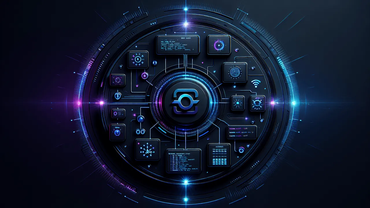 Create a dark-themed futuristic tech interface acting as the background. The palette should be filled with deep blues, blacks, and purples simulating a modern, technological aesthetic. At its center, incorporate a slightly tilted BASH logo. Surround the logo with semi-transparent, holographic-style flowcharts and command trees, representing shell functions, emanating a soft glow. To complement these, scatter smaller neon effect icons. These icons should symbolize terminal prompts, time control via clock symbols, calendar icons (for the day-of-week concept), and server figures. The overall lighting and effects should present a three-dimensional quality, with light flares, reflections, and gentle illumination emanating from the icons and flowchart. The whole design should resonate with the theme of the presentation and highlight the potential of BASH customizations.