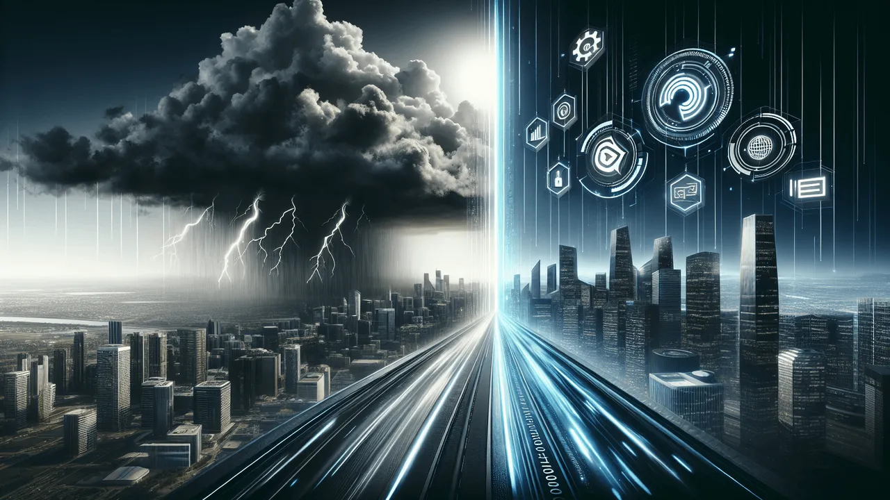 Create a futuristic cityscape with a sleek, dark design. The left side of the image is stormy with a prominent, yet faded and weathered Plex logo indicating frustration and disappointment. Lightning shall punctuate the turmoil. This contrast with the image's right side, showcasing a clear sky with rays of sunshine, and the crisp, bright Syncthing logo, signifying reliability and success. A glowing path cuts through the image, leading from the stormy side to the clear side, symbolizing the transition from Plex to Syncthing. Binary code or data streams flow from the Plex logo towards the Syncthing logo, representing the migration of functionality. Holographic icons for data transfer and synchronization are present between the two logos, adding a 3D element. Use dark tones like various shades of blues and blacks for the stormy side and silvers, whites, and light blue for the bright one.