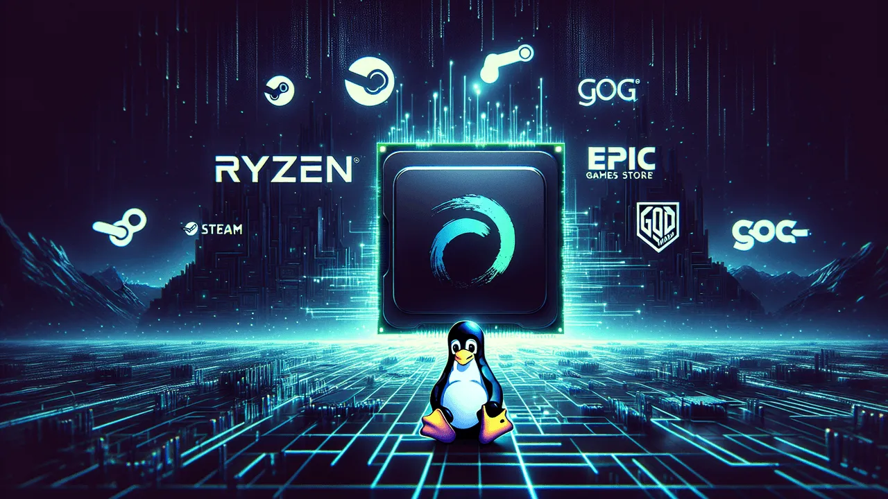 Create a dark, futuristic and tech-focused landscape with a grid inducing a cyber network vibe. Place an abstract representation of the Ryzen 5900X processor, a central symbol, slightly towards the top right. Linux's mascot, Tux the Penguin, should be waving towards the center-left. Near Tux, arrange the logos of, Linux Mint icon prominently, closely followed by gaming platforms: Steam, Epic Games Store, Good Old Games (GOG), and Blizzard Battle.net. These logos should form an arc above Tux. Apply glowing digital effects around the main elements, and sprinkle a faint rain of binary code in the backdrop. Uphold a color theme featuring deep black and midnight blue, with highlight colors being neon blue and electric green. The mood should induce a feeling of cutting-edge technology, excitement, and the prospects of broadening the gaming horizon among tech enthusiasts.