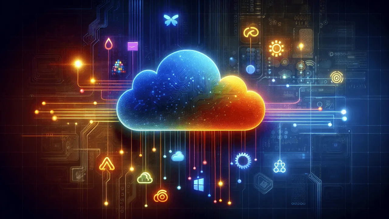 Imagine a futuristic and technology-focused image. The background is a sleek gradient transitioning from dark blue to black, overlaid with subtle patterns of binary code and abstract technological designs, giving a futuristic vibe. At the center, a 3D, illuminated, vibrant-colored cloud symbolizes the abstract concept of serverless technology. Leisurely scattered around the cloud are logos of various serverless platforms including AWS Lambda, Microsoft Azure Functions, Google Cloud Functions, and IBM Cloud Functions. Each logo retains its original colors (orange, blue, multicolored, and blue respectively) for brand recognition. Interconnecting these logos are soft glowing trails, conjuring up an image of a network. Where these trails touch the logos, there are light flares to give a sense of dynamism and innovation. Complementing these aspects, stylized circuit patterns are subtly etched into the background and small, translucent icons relating to technology and cloud computing are scattered throughout the scene. Behind the cloud is a faint overlay of a digital world map, illustrating the global reach and scalability of serverless platforms. The image should convey the interconnected, global, and forward-thinking essence of serverless technology without the need for words.