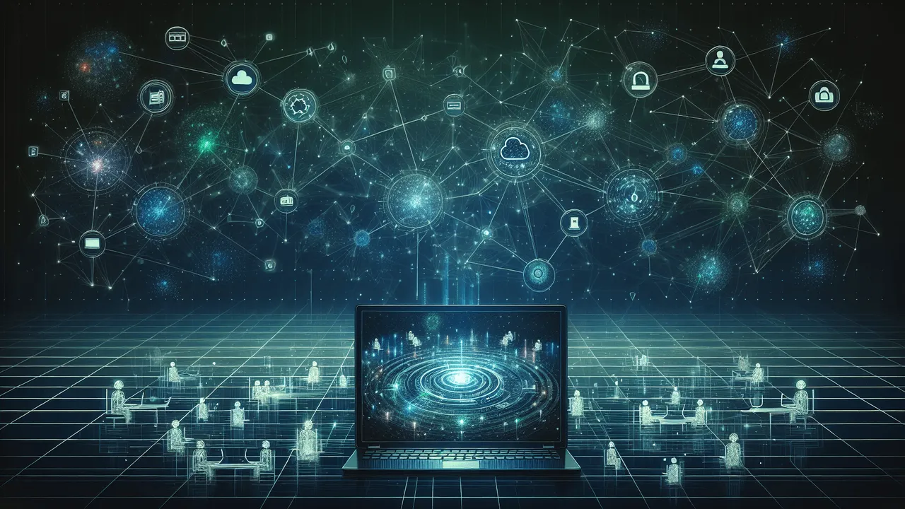 Create an image filled with futuristic, space-like matrix aesthetics. The background should be dark, dotted with interconnected nodes and lines representing network connections and data flow in shades of blue, green, and white for a high-tech feel. In the forefront, feature a slightly translucent laptop with an open screen displaying a complex network topology diagram. Subtly integrate logos such as IP, routers, and MAC into the network matrix with a slight glow to draw attention. Also, depict small floating holograms of networking gear, IP/MAC address icons, and security icons around the laptop. Include faint figures sitting around a virtual roundtable made from lines and nodes, indicating an open discussion among diverse individuals. The style should be modern and clean with sleek graphics and subtle gradients to give depth. Add a soft, neon-like glow around the laptop screen and logos and lightly textured digital patterns in the background for added visual interest.