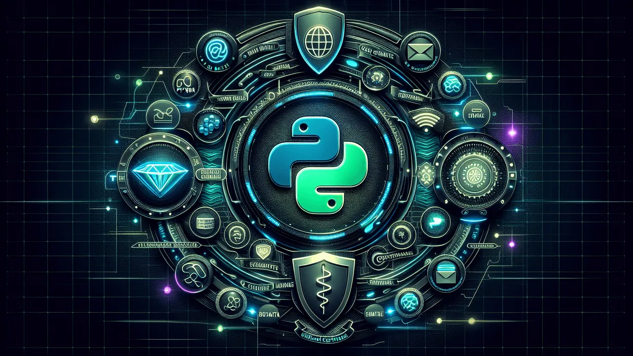 Create a digital artwork capturing the essence of complex technologies and themes. Create a dark, metallic backdrop with a digital grid overlay to evoke a futuristic aesthetic. In the center, render the logos representing Python in neon blue and green, a stylized big data icon, an emblem related to email exchange, integrated with a database icon, and a wildcard certificate element comprising small domain icons fused together. Add a shield close to the domain icons indicating security measures. Use swirling lines or arrows between elements to depict data flow. Scatter smaller, glowing tech-related icons in the background. Centralize the main elements in a triangular arrangement. The overall color scheme should be dark shades with metallic blacks and grays, accented with glowing neon blues, greens, and purples.