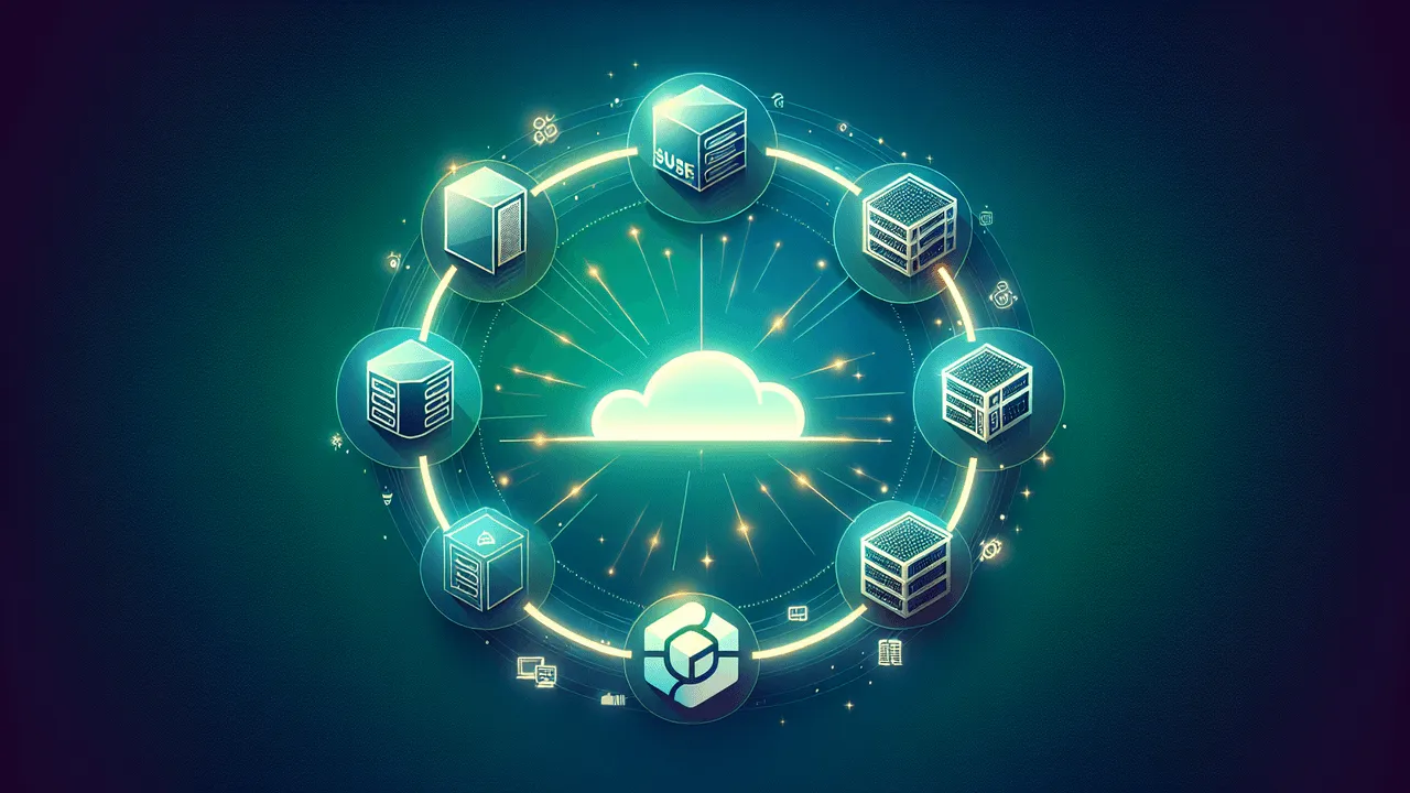 Create a visually engaging technology collage with a gradient backdrop transitioning from deep blue to a lighter green. Place the logo of SUSE Liberty prominently in the top-center part of the image, slightly larger than the others. Arrange the logos of SUSE Rancher and SUSE Harvester around SUSE Liberty in a semi-circular format, with Rancher on the left and Harvester on the right. Include the Kubernetes logo at the bottom center. Connect the logos subtly with thin, glowing lines indicating integration. Each logo has a light aura around it for a glowing effect. Sprinkle faint server stacks and container icons in the background for additional context.