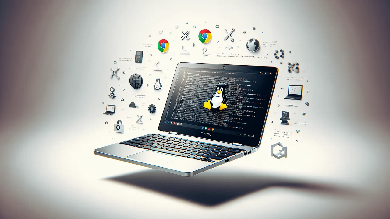 An image designed around a modern, tech-savvy aesthetic, featuring a clean, white or very light grayscale background. In the center, a high-resolution image of an open Chromebook, its screen displaying a Linux terminal symbolizing the exploration of functionalities. Small, recognizable logos delicately arranged around the Chromebook, without cluttering the image, signify Linux (with Penguin Tux), Chrome OS (using the Google Chrome logo) and Open Source (using the Open Source Initiative logo). Additionally, enhance the image with shadow effects under the Chromebook for a 3D floating appearance, and subtle, semi-transparent icons related to productivity and development tools (like terminal, code brackets, and cloud storage) faintly in the background.