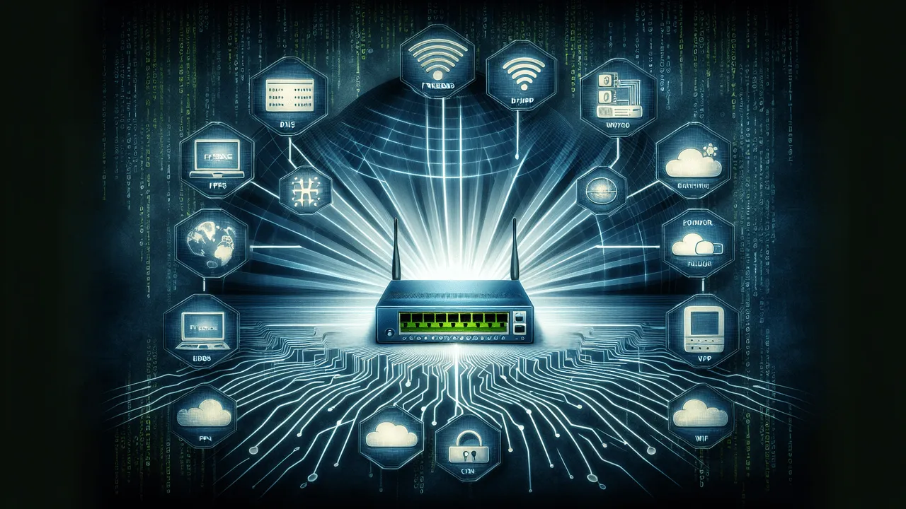 Create an image highlighting the theme of network security and functionality. The scene is set against a dark, textured background representing a sense of cybersecurity. At the center, a stylized representation of a router is situated, with rays emanating from it symbolizing network connectivity. Icons related to pfSense, FreeBSD, DNS, DHCP, WiFi, VPN, and Firewall are logically arranged around the router. The image also contains undulating lines signifying network traffic management and subtle, Matrix-like code running in the background. The color scheme combines deep blues and greens for a sense of security, with bright whites and yellows serving as accents. Ensure all elements are symmetrically balanced and the PfSense logo is the most visually prominent.