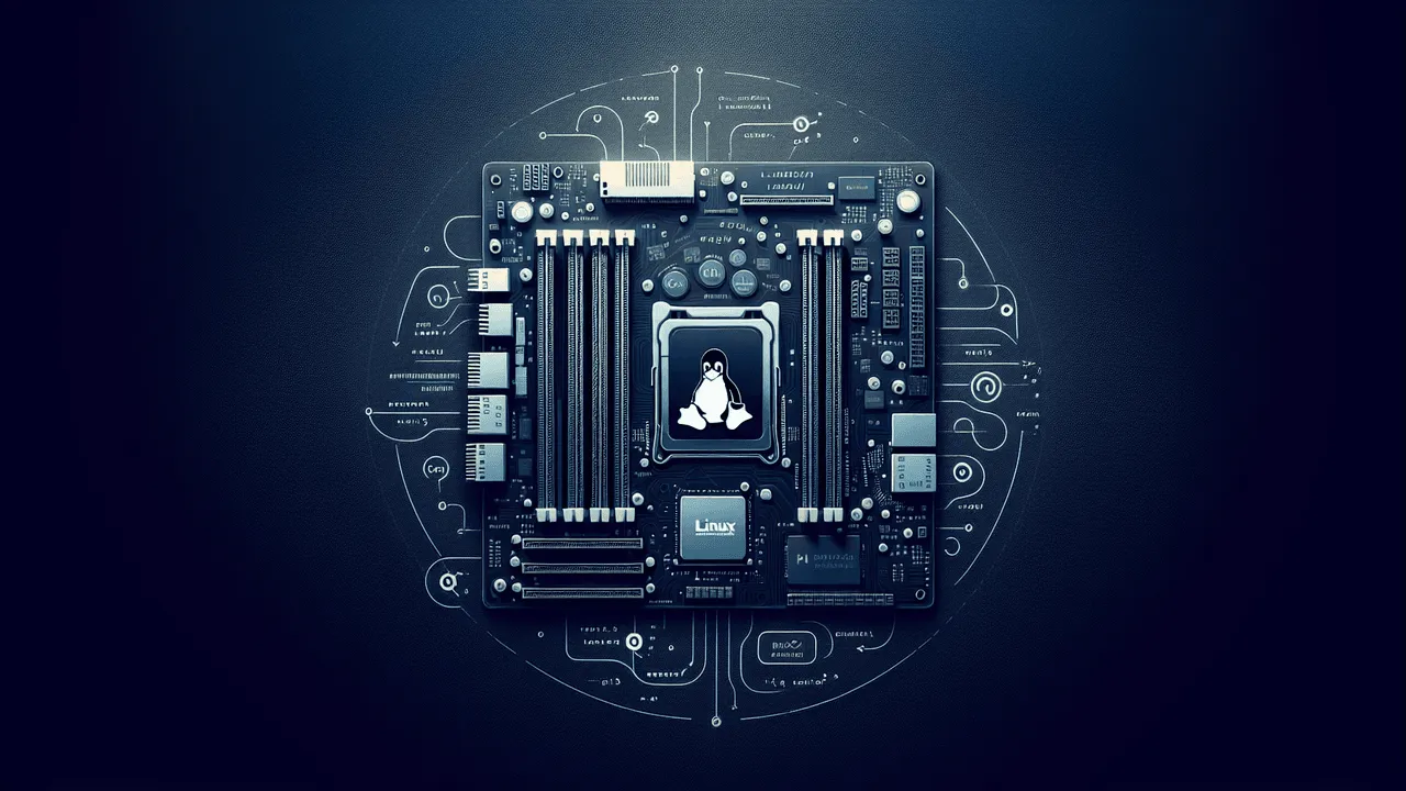 Create an image with a dark gradient background transitioning from deep navy blue at the top to black at the bottom. The central focus is a large, transparent schematic of a motherboard with RAM modules. On the left side of the motherboard, include the Tux penguin logo which is the mascot for Linux. On the other side, place the logo of the Raku language, a programming language that succeeded Perl. Around the motherboard, incorporate small, clear icons and symbols representative of system calls and data structures, such as pointers, memory addresses, and fragments of binary code. Overlay a subtle, semi-transparent process tree diagram in the background. Accentuate the main elements with a faint, glowing outline, and use jagged lines or swirling paths to emphasis the image's overall complexity. The overall appearance should be clean, professional, and compelling, without unnecessary clutter.