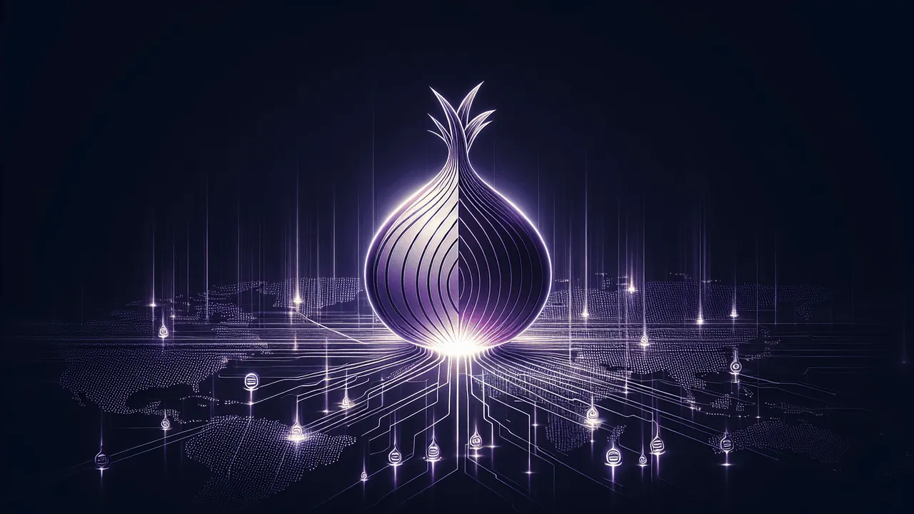 Create an image with a dark background transitioning from deep navy blue to black, adding the sense of secrecy and protection. Add dimly lit digital data trails moving across the scene, suggesting network data traffic. Place a glowing, semi-transparent onion in the center, with several layers peeled back to symbolize encryption and anonymity, using TOR as a theme. Add various small server icons around the onion, indicating relay nodes in an overlay network, and scatter subtle variations of the simple purple onion logo, some slightly tilted or faded for dynamism. Insert a subtle global map placed in the background, showing relay positions as points of light, connecting these positions to the central onion with digital lines. Make the aesthetic clean, high-tech, with subtle glows and shadows, ensuring the image components work harmoniously without overpowering the central onion symbol, thereby creating a narrative of a networked, anonymous system.