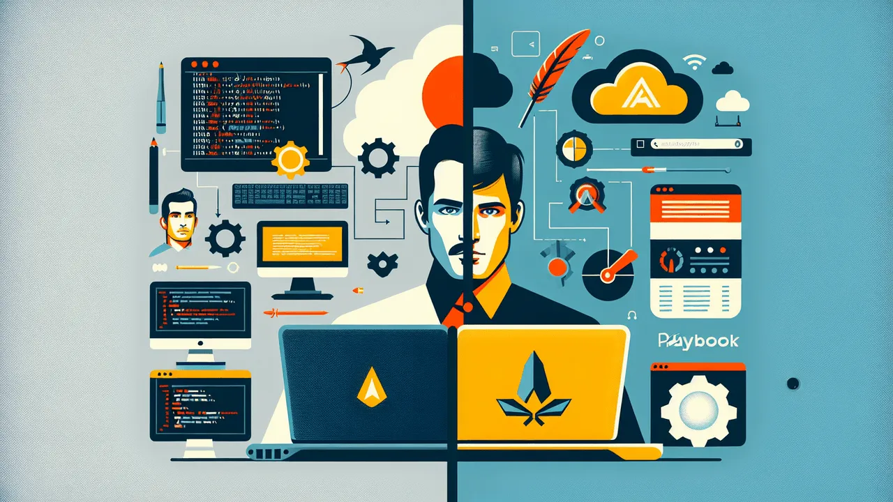 Create a split background image. The left half should have a light grey background, and the right half a darker, modern shade of blue. On the left half, illustrating a retro-style Caucasian sysadmin with a laptop amidst command line interfaces, snippets of code, and a server or VM icon. On the right half, illustrating a sleek, modern Black automation engineer with a laptop that displays the Ansible logo. Also, incorporate playbook and gear icons. In the center, include the Apache logo (feather) symbolizing the commonality between both methods. Add subtle VM icons, perhaps as small server racks or cloud icons, slightly above the split to symbolize their dual usage. The entire composition should balance both sides visually with a clear dividing line enhanced by a slight shadow or glow effect.