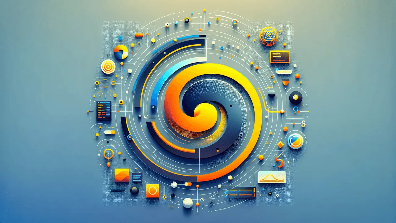 Create a tech-futuristic collage embodying the concept of interactive computing. Start with a background showcasing a smooth gradient transitioning from light blue at the top to white at the bottom, lending the image a clean, tech-inspired look. In the center, place a prominent symbol resembling the Jupyter logo: an orbiting semi-circle in orange. Near it, but slightly off to the side, place a shiny, yellow, abstract design evoking the essence of the Google Colab logo. Scatter around smaller symbols, each representing one of the programming languages: Python (represent this with two intertwined snakes in blue and yellow), R (a simple, stylized 'R'), and Julia (three multicolored dots). Sprinkle subtle graphics throughout the visual that communicate coding and interactivity: small, classically styled terminal windows, stylized snippets of unknown code, and graphically represented data plots. Integrate these elements judiciously, aiming to keep the overall image uncluttered. Finally, place a small icon similar to Google Drive in a corner, indicating the interconnection with cloud storage. The design should be without any text and maintain a smart and high-tech appearance.