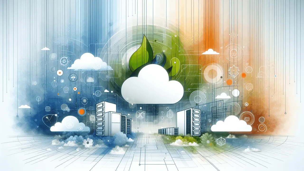 Envision an image with the harmony of soft blue and white hues forming a tranquil cloudscape in the background, symbolizing the serenity of the cloud environment. In the center, depict a stylized image of a server, or perhaps a rack of servers, to signify cloud-based solutions. Towards the top-right corner, place a hint of a green abstract logo, similar but not identical to any existing brand to stay copyright compliant, subtly hinting at a particular cloud service provider. Near the bottom-middle, draw an endearing black and white bird with an orange beak, evoking the spirit of an open-source community but not exactly mimicking the Linux mascot. Sprinkle the image with subtle elements of network connection lines, indicating connectivity, and subtly incorporate visuals of a shield and a bar graph to signify robust security and performance. The color palette should relay a bright and inviting tone.