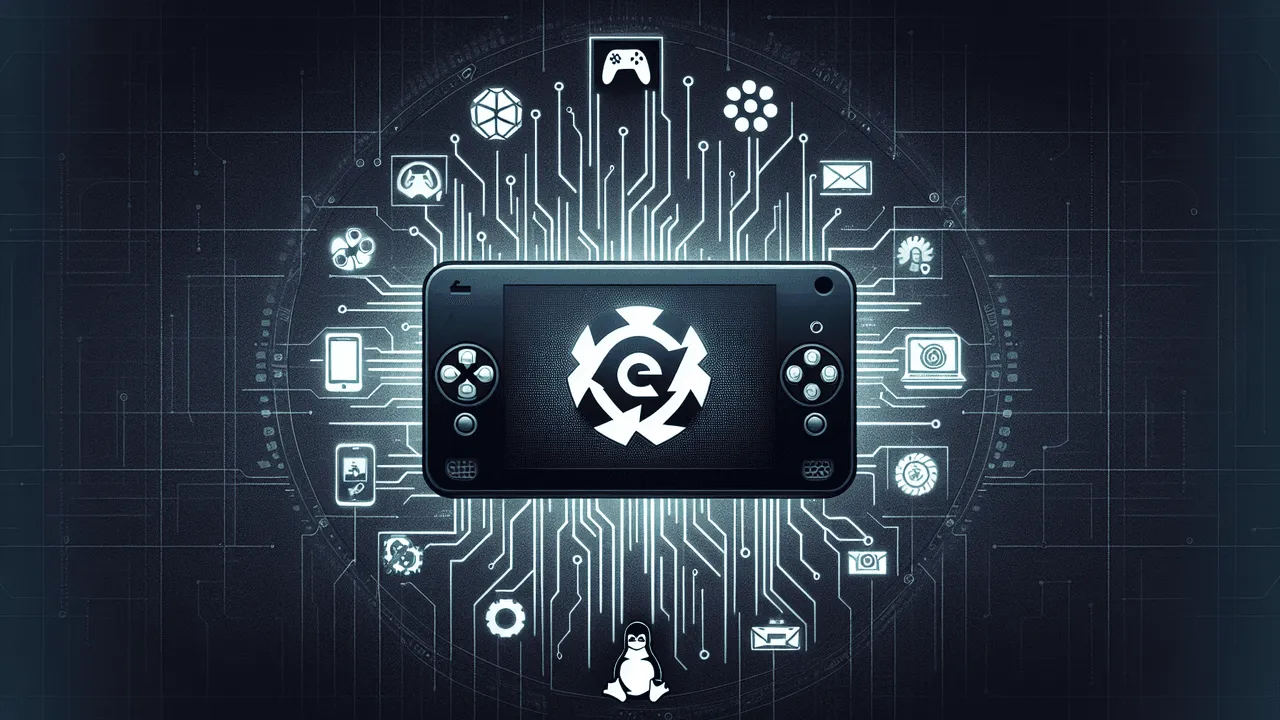 Generate a sleek and modern image that captures both the technical and gaming aspects of a handheld gaming computer. The central focus of the image is a high-resolution depiction of the handheld gaming device, surrounded by a subtle blend of gaming-related elements such as faint circuit patterns and game controller icons. Surrounding this central image, please integrate subtle tech logos and emblems that represent the device's developer, operating system, processor, and gaming ecosystem. These can include a gear for the developer, a penguin to represent the broader Linux ecosystem, and a representation of popular gaming software. Accompany these logos with faint silhouettes of generic game characters or symbols in the backdrop. The color theme should be primarily dark tones, supplemented with vibrant accents from the emblems and symbols. Finally, add some soft glowing effects around the gaming device and subtle gradients and shadow effects to create depth.