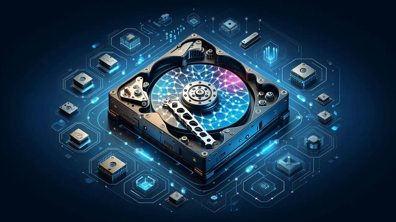 Visualise a representation of modern data storage focused on Btrfs. Have a sleek, modern background with a gradient transitioning from deep blue at the top to a lighter blue at the bottom, creating a professional and polished look. Centre an intricate 3D model of a hard disk drive overlapped by semi-transparent hexagonal shapes creating a network/grid representation alluding to the multi-layered nature of Btrfs. Place the official Btrfs logo, semi-transparently, in the upper left and lower right corners. Scatter small icons for key Btrfs features such as snapshots (a camera icon), RAID configuration (a line chart icon), and compression (a compressed folder icon) around the central hard disk drive model. Add visual effects like light rays or data streams flowing around and through the hard disk drive model, and subtle digital error/glitch effects to indicate quirks Btrfs can introduce.