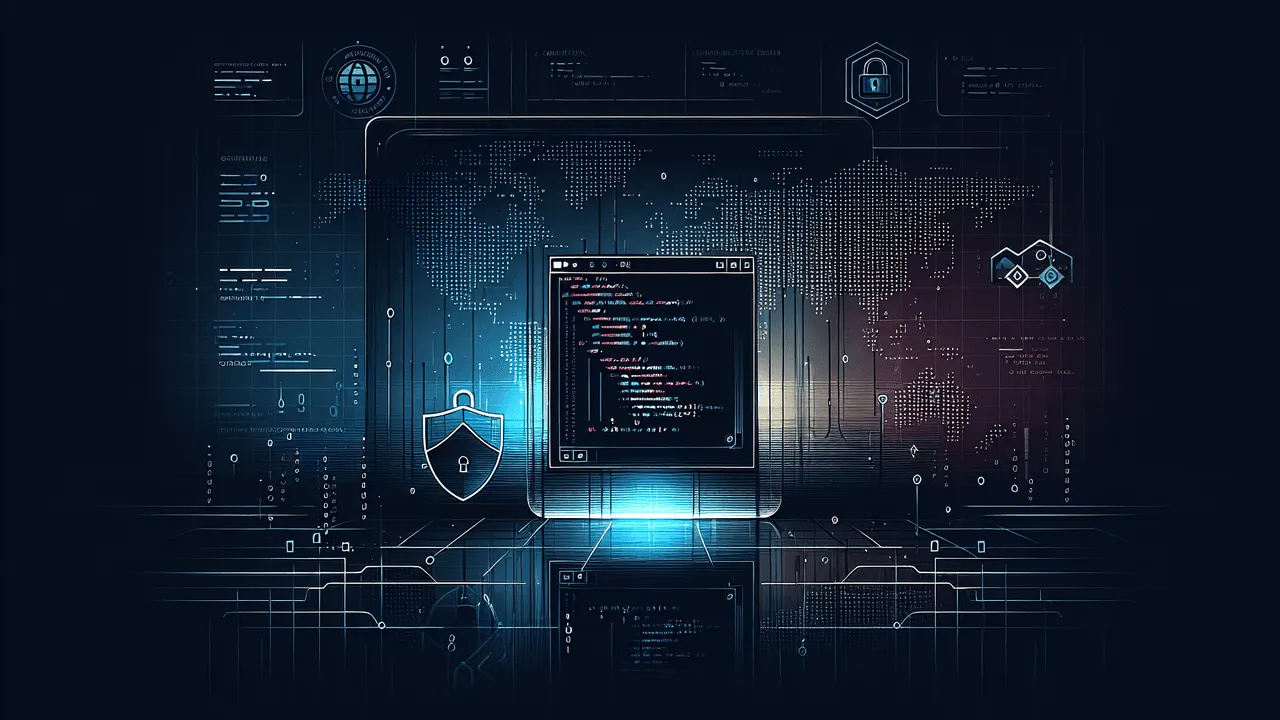 Design a sleek, dark-themed blog image. The background should display a subtle gradient from dark blue to black, with slight inclusions of a world map and a modern shield icon with a lock symbol for security representation. In the center, create an abstract image of a semi-transparent terminal window, slightly tilted, showcasing code snippets. On either side of the terminal window, include minimalist line-art styled icons inspired by communication and debugging tech tools. The left icon should match the terminal theme colors while the right icon can remain its recognizable blue yet blended well into the dark theme. Edge the image with scattered binary codes or data flow lines to add a high-tech feel. Note: the image should be high-resolution, clean, and without any text.