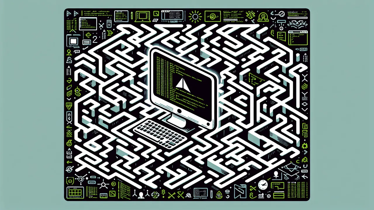 Generate an image illustrating 'Navigating the Terminal Maze with TMUX'. The scene uses an abstract maze as a background, designed with terminal-style lines and grid patterns to symbolize complex workspace organization. The central element features a computer monitor, where a terminal window displays a maze-like split with multiple panes. Scattered throughout the maze are miniature terminal icons, interconnected by pathways or arrows, depicting navigation within tmux. The tmux logo stands near the center of the image, while subtle hints of logos from Unix-like OS are embedded within the maze. The dominant color scheme ideally uses dark, monochromatic base colors balanced with neon accents, reflecting the look of classic terminal displays. Green, yellow, and white are used to highlight key elements. This imagery blends the simplicity of flat design with the charm of hand-drawn illustrations.