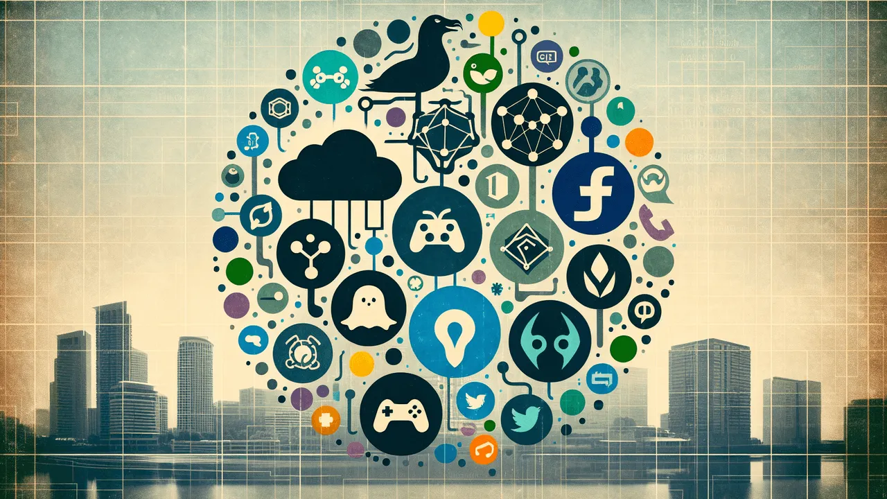 Generate an image representing the concept of 'Social Media for Techies', designed as a collage. The background should be a high-resolution image of a modern, tech-inspired workspace with neutral colors. Place seven silhouetted logos, symbolizing different social platforms, in a scattered, circular arrangement. These symbolic logos, all of similar size, should include a mammoth (Mastodon), a game controller (Discord), a cloud (OpenStack), a stylized cat (GitHub), a multicolored hashtag (Slack), a bird (Twitter), and a small 'f' and intertwined circles (Facebook/Threads). Add subtle digital networking lines, imitating a software system architecture, connecting the symbols to represent interaction and connectivity. For a 3D effect, incorporate slight drop shadows under each logo. The color theme should blend blues, greens, and greys to reflect a tech-friendly and calming environment. Overlay the background lightly with binary code to subtly enhance the techie theme.