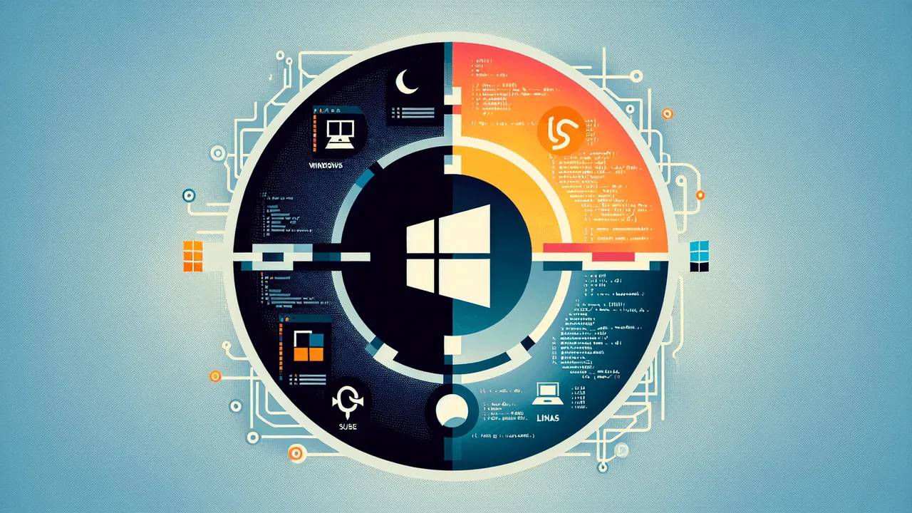 Generate an image following a modern and slightly abstract theme that creates a visual synergy between Windows, Linux, and Emacs. The background should be a soft gradient transitioning from light blue (symbolizing Windows) to dark gray/black (signifying Linux terminal). In the center, place the Windows logo. Around it, arrange a semi-circle featuring the logos of various Linux distributions: Ubuntu, Debian, SUSE, and Kali Linux, showing integration. Towards the right, integrate the Emacs logo. Include a minimalist terminal icon, spanning both the Windows and Linux gradient halves, symbolizing ease-of-use across command-line interfaces. Incorporate circuit-like lines or tech lines connecting different logos, along with a faint icon of a monitor displaying code snippets in the background. All of these elements should be further enhanced by a harmonious color scheme made up of blues, Ubuntu oranges, green from SUSE, and red tones from Emacs.