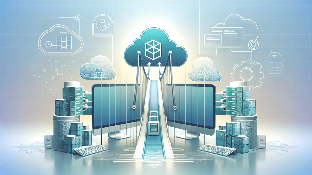 Design a professional and modern tech-themed image which presents the concept of bridging the gap between local and production environments with Podman Desktop. Visualize this concept with the following key elements: a central bridge icon symbolizing the concept of 'shortening the distance', Podman logo positioned above the bridge, a representation of the production environment using the Kubernetes logo on the right side of the bridge, a representation of the local environment using a desktop computer icon on the left side, and subtle connectors indicating the transition from the local to the production environment through the bridge. Enhance this scene with a light gradient background transitioning from blue to white, subtle Docker-style container graphics scattered in the background, and light geometric patterns or abstract tech lines to fill negative spaces and maintain visual balance.