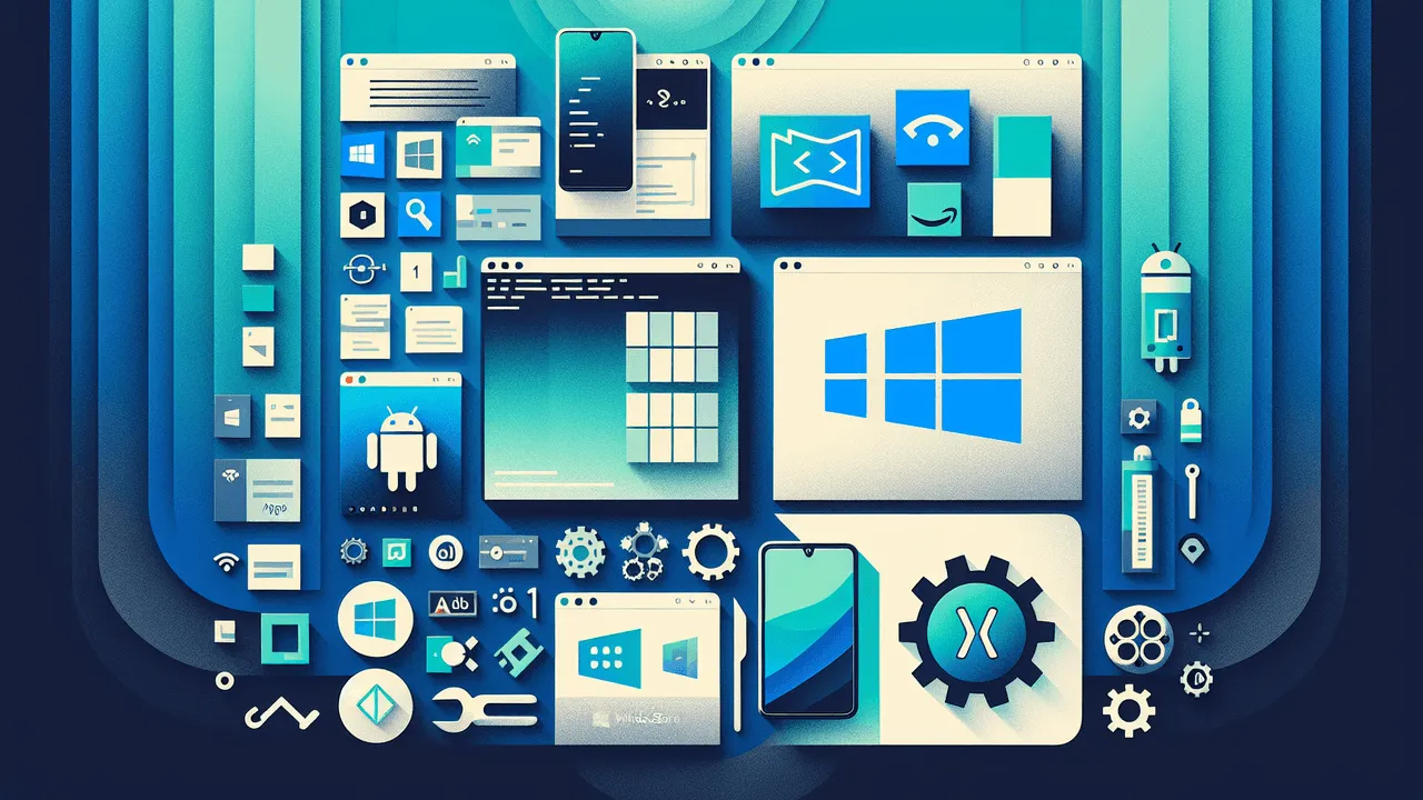 Design a collage-style image based on the following descriptions: Start with a background expressing a gradient transitioning from dark blue to light blue, similar to the Windows 11 color scheme. At the center, feature an illustration of a computer screen displaying the Windows 11 desktop, with an Android app open, symbolizing the integration of Android apps into Windows 11. The Android app window should include an identifiable icon or UI element. Include near the center a simplified icon that combines the Windows and Android logos, representing the Windows Subsystem for Android (WSA), flanking the computer screen. Incorporate the Amazon Appstore logo near the Android app window. Implement small icons or graphics near the computer screen, denoting development tools including the Android Debug Bridge (ADB), such as a wrench or gear icon. On one side of the collage, include an illustration of a terminal window with some generic command lines and visual representations of script recording, such as a red 'REC' icon and a green 'PLAY' icon. Scattered in the background, introduce smaller, semi-transparent icons, symbolizing the community and user groups, such as a group of people and a speech bubble for communication. The contour of the image should follow a modern flat design with clean lines and minimalistic details, adhering to a harmonious color palette of blues and greens. The image should be ideal for a blog header, with dimensions preferably 1200px wide by 675px high.