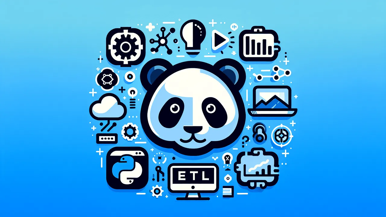 Create an engaging tech-related blog image. The backdrop should be a sleek modern gradient blue and white, invoking an atmosphere of trust and professionalism. In the center, prominently place the Pandas logo (a friendly panda face), alongside the Python logo. Surround these with subtly incorporated elements for ETL and Machine Learning: icons of gears for ETL, bar charts, and line plots for EDA, and a small neural network diagram for ML. To the side, ensure the Asciinema logo (a terminal screen icon with a play button) is visible but does not overshadow the Pandas design. Perhaps near this, include small terminal session illustrations or a command line snippet. Indicate the Google Colab environment with a small cloud icon, possibly with an arrow pointing at it for an upload/download concept. Finally, balance these design elements, leaving enough whitespace to keep the design clean and approachable, and consider using light, translucent overlays to accentuate key logos.