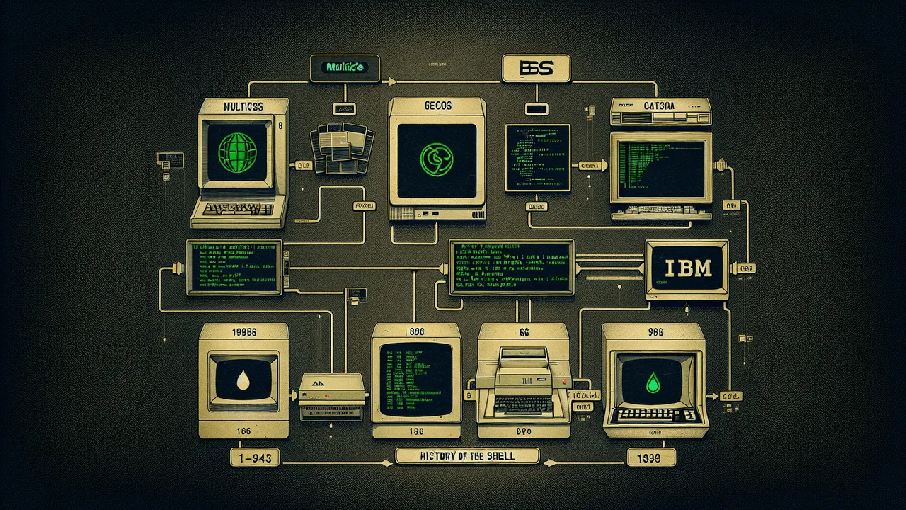 Generate an image that represents the theme 'History of the Shell.' The background should be a dark, textured terminal screen with a gradient to resemble a classic command-line interface. Position a timeline path across the image, indicating different historical milestones. Along this timeline, place iconic illustrations of historic computers and shell types such as an old IBM mainframe, a vintage UNIX system, and various old terminals. Insert the logos for MULTICS, GE GECOS, and IBM at appropriate points on the timeline, with each logo receiving a subtle glow effect. At the end of the timeline, depict a modern computer screen featuring a terminal window with a Bash shell prompt. Subtle glow effects and color accents using greens for terminal input text and amber for the old terminals should be applied. Ensure that there are no superfluous words or letters, except for the necessary logos.