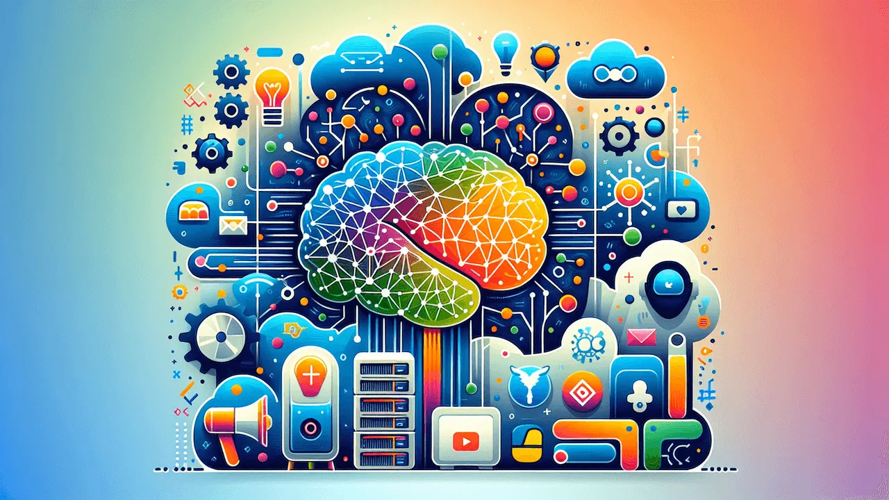 Create a vibrant illustration that embodies themes of AI and open-source technology. The central focus should be a stylized depiction of a brain with neural network connections, signifying Large Language Models. The supporting images should include illustrations of private, local hardware such as a server rack, and AI icons like a robot head, cogwheels, and circuit board patterns. Also include open-source logos for Markdown, Jupyter, GitHub, and a general logo for machine learning frameworks, along with promotional symbols like megaphones and social media icons. The image should be set against a gradient background with modern, abstract shapes or soft lines in blues, greens, bright yellows, oranges, grays and whites. Elements should be arranged with the brain in the center, hardware and AI icons in the top corners, and promotional symbols and logos scattered in the bottom corners. The space should be filled with video-related icons and supporting logos, maintaining ample white space for a clean, uncluttered look.