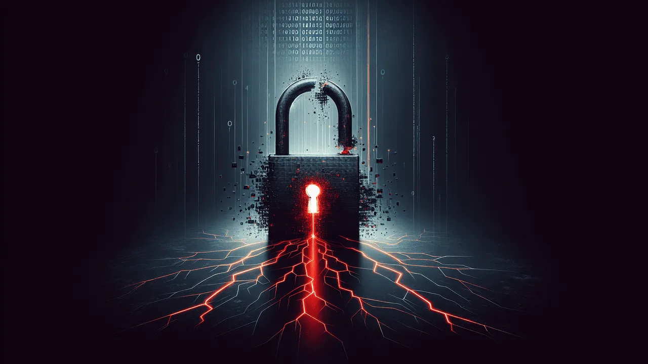 Create a striking and moody image representing a security issue for a blog announcement titled 'The XZ Hack: Unveiling the Near-Miss in xz and liblzma'. The image should have a gradient background transitioning from dark blue to black, symbolizing sophistication and ominousness. In the center, a high-resolution image of a lock that's half-broken with glowing red crack lines emanating from it should be placed, symbolizing compromise in security and vulnerability. At the top-left, subtly blend the logo of a utility unit and at the bottom-left, place a logo honoring open-source operating systems. A grayscale logo of a tech news site should be positioned at the bottom right. Overlaid faintly across the image horizontally should be binary code, representing underlying data. A shadowy image of a hacker should be blended into the background on one side, suggesting the undetected threat. Red accents or highlights around the broken lock and a soft white glow around the logos should be present to draw focus.