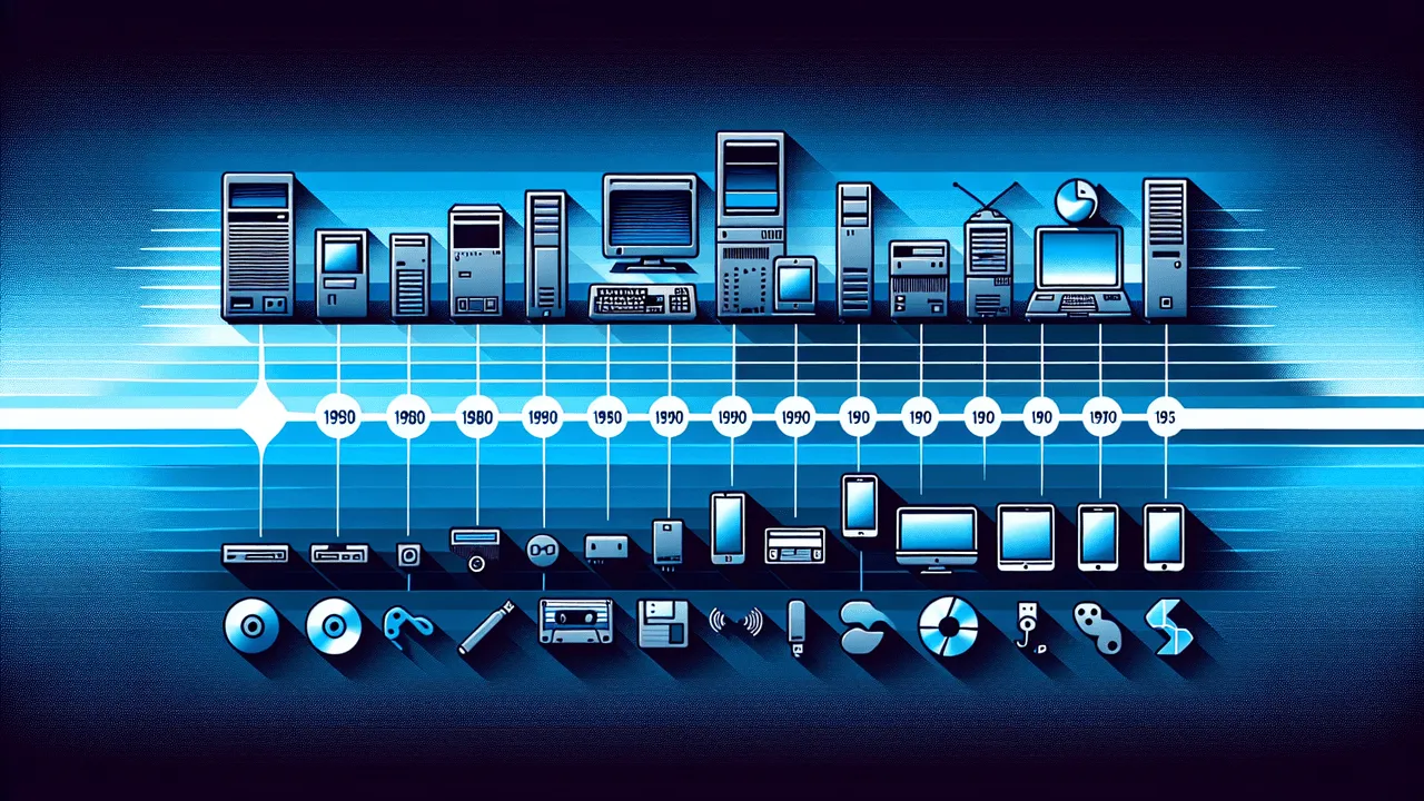 Create a modern, clean image representing the evolution of computing technologies from 1980 to the present. It should feature a blue gradient background transitioning from dark (left, past) to light (right, present). A horizontal timeline across the middle should mark each decade with a small circle or node, and include non-copyrighted equivalents of iconic tech logos from each era. Morphing symbols of computing devices from large, old mainframes to sleek modern ones should intersperse along the timeline. Subtle line drawings or silhouettes of iconic hardware like a floppy disk, CD, USB stick, and SSD should scatter along the timeline. Use a complementary color palette - primarily blues and greys, with accents in bright colors for pop. The layout must include an empty space at the top for the blog title and text, the timeline with logos and icons in the middle, and a slight shadow or fade effect at the bottom to add depth. Make sure to keep it wordless for universal understanding, focusing on visual impact and storytelling, and maintaining high resolution for clarity and professionalism.