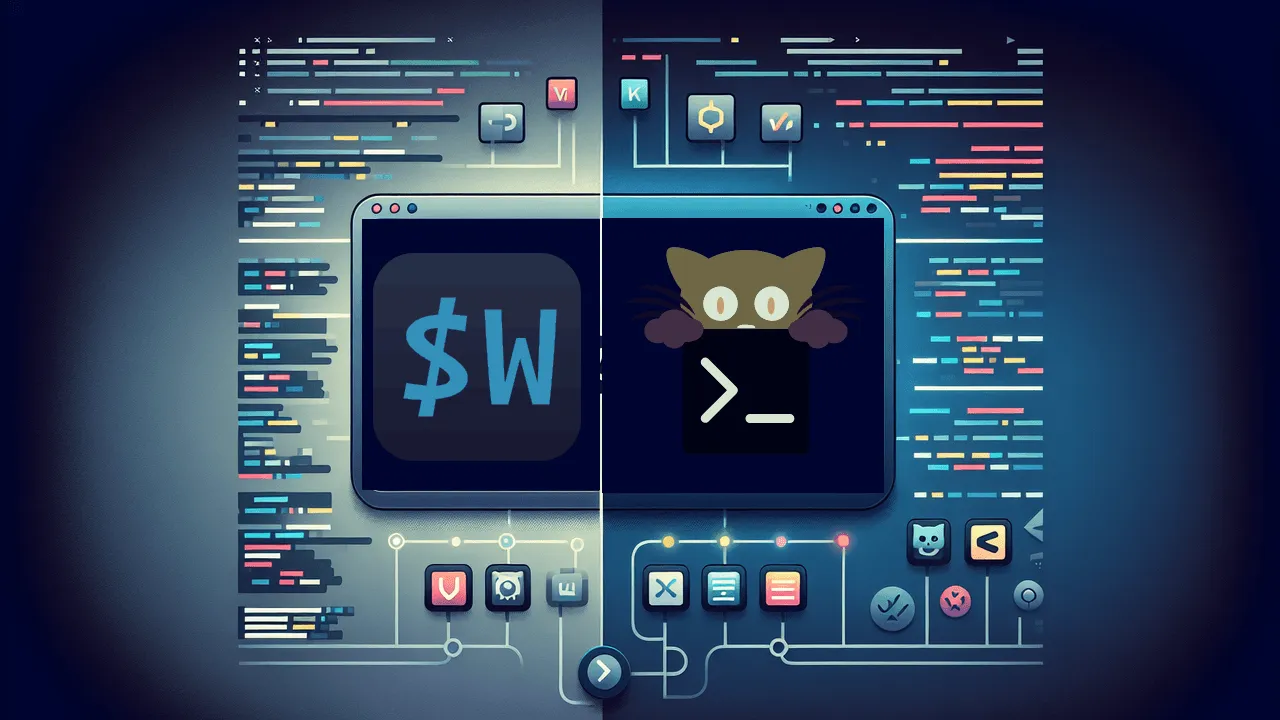 Create an image portraying a conclusion between the modern terminal tools - KiTTY and WezTerm. Place the KiTTY logo on the left and the WezTerm logo on the right, against a neutral gradient background of dark blues and greys, exuding a high-tech feel. Between these logos, include a faint VS symbol to represent the contrast. Complete the image with a subtle representation of a technological terminal interface in the backdrop highlighting colorful lines of code, tabs, and panes. Include small icons, featuring images, multiple tabs, panes, and SSH symbols, scattered around both logos within the lower half of the image, outlining their modern features.