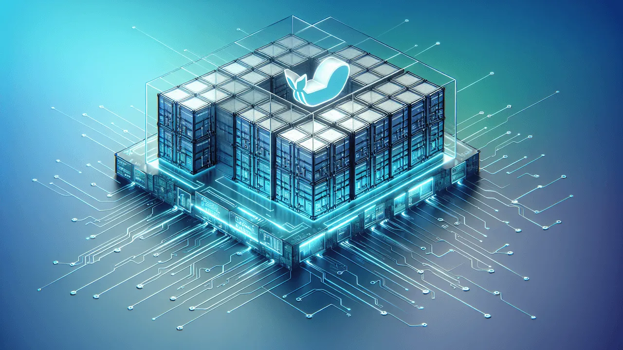 A high tech image capturing the theme of containerization technology. Feature a gradient background blending shades of blue and green for a modern feel. Place a network of interlocking, transparent 3D cubes, indicative of digital containers in the center. Highlight a generic open-source project logo, slightly embossed, occupying the center position while giving reference to a well-known open source whale logo subtly on one side, slightly faded but still visible. Incorporate the logo of a system daemon, seamlessly integrated within the intricate network design. Add motorways of circuits connecting these logos and elements, illustrating their interaction. Place discreet icons resembling security shields around the image to symbolize enhanced security features.